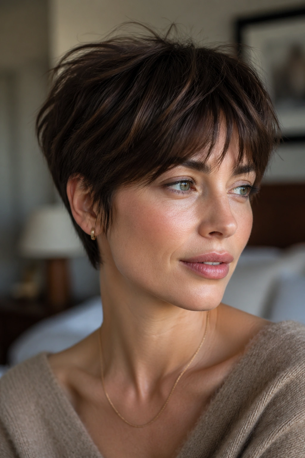 Close-up portrait of a real woman with feathered pixie haircut and soft fringe in natural window light