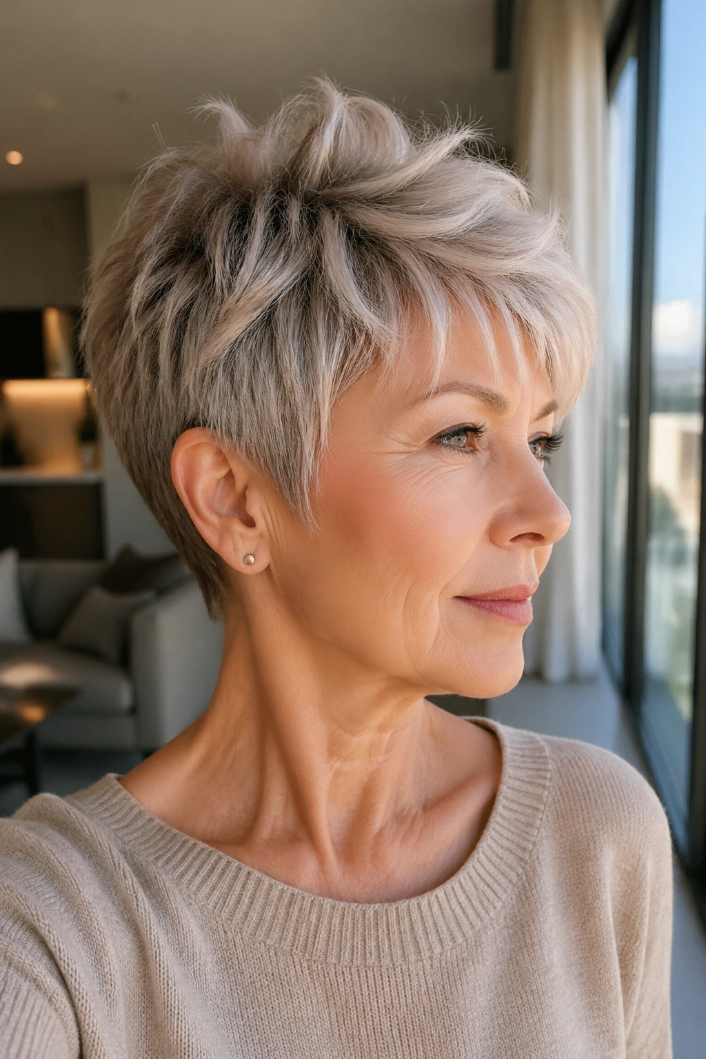 Close-up profile of a real woman with feathered pixie cut by a window
