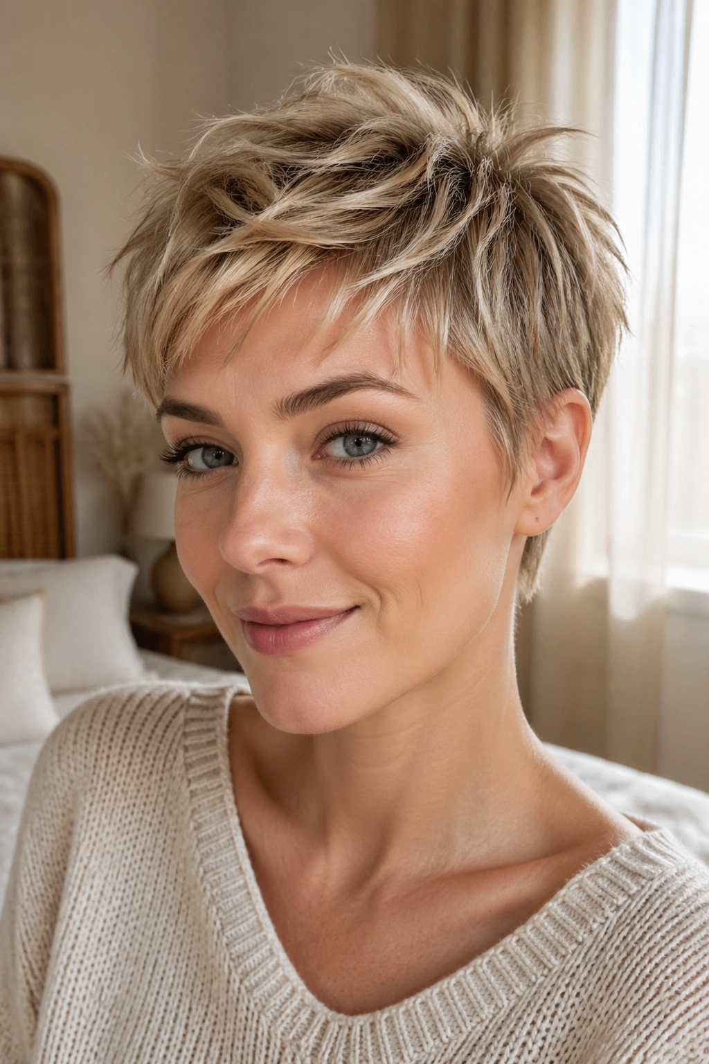 Close-up portrait of a real woman with a feathered pixie hairstyle in a cozy bedroom