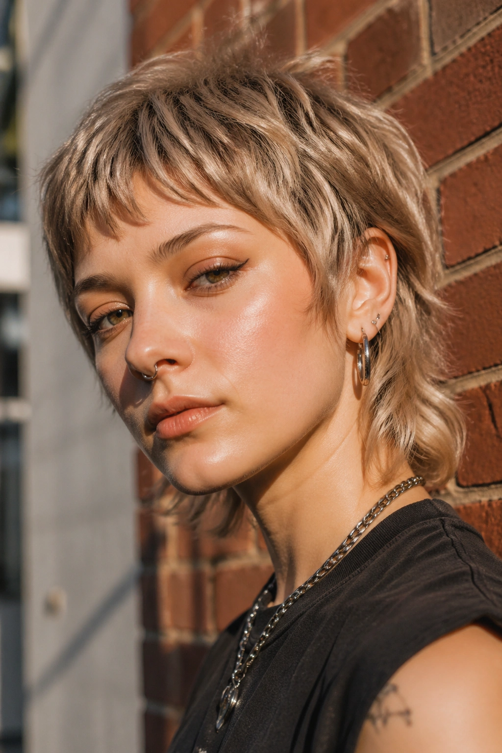 Close-up of a real person with feathered pixie mullet and soft layers against a brick wall