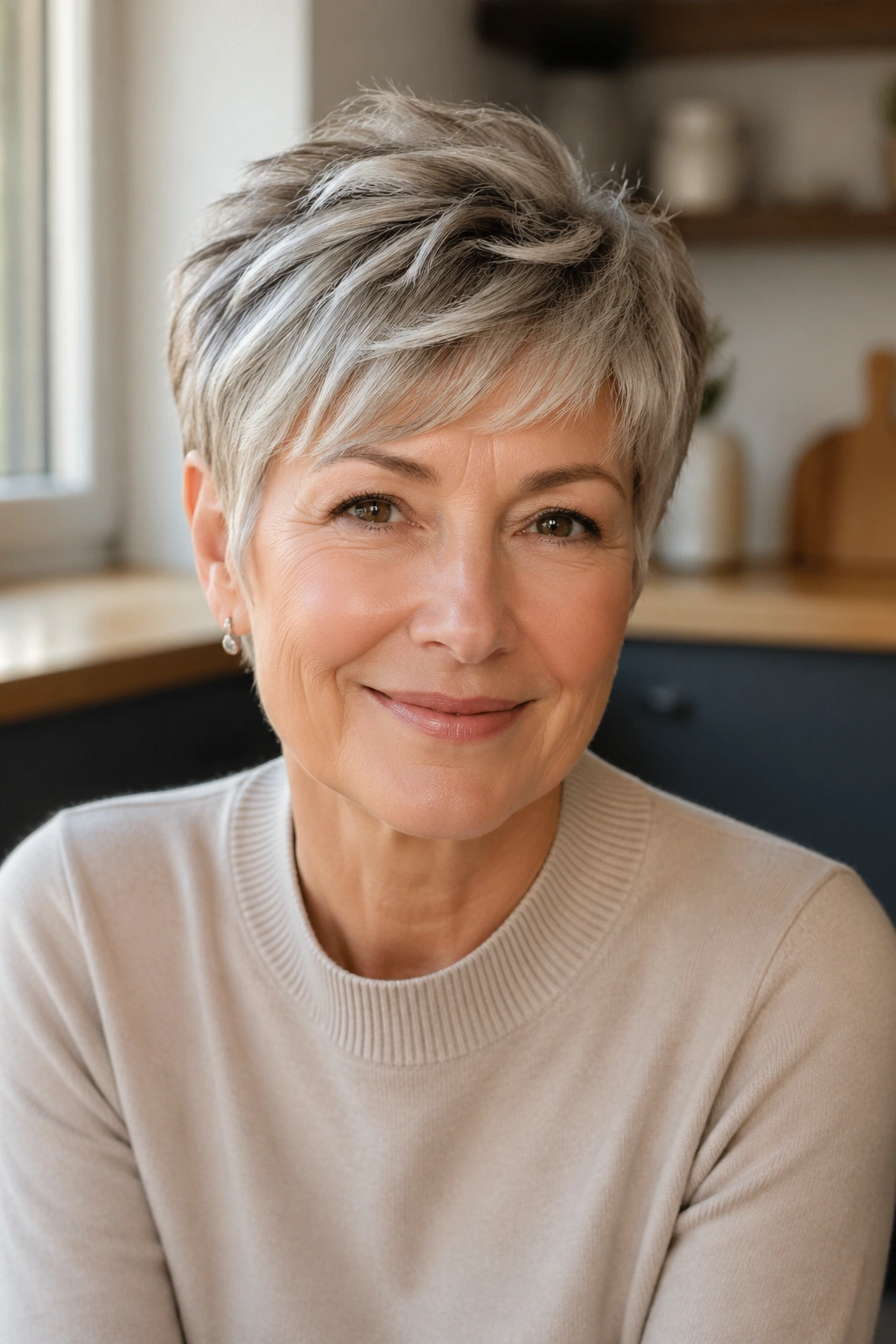 Real woman with feathered pixie cut; soft edges and movement.