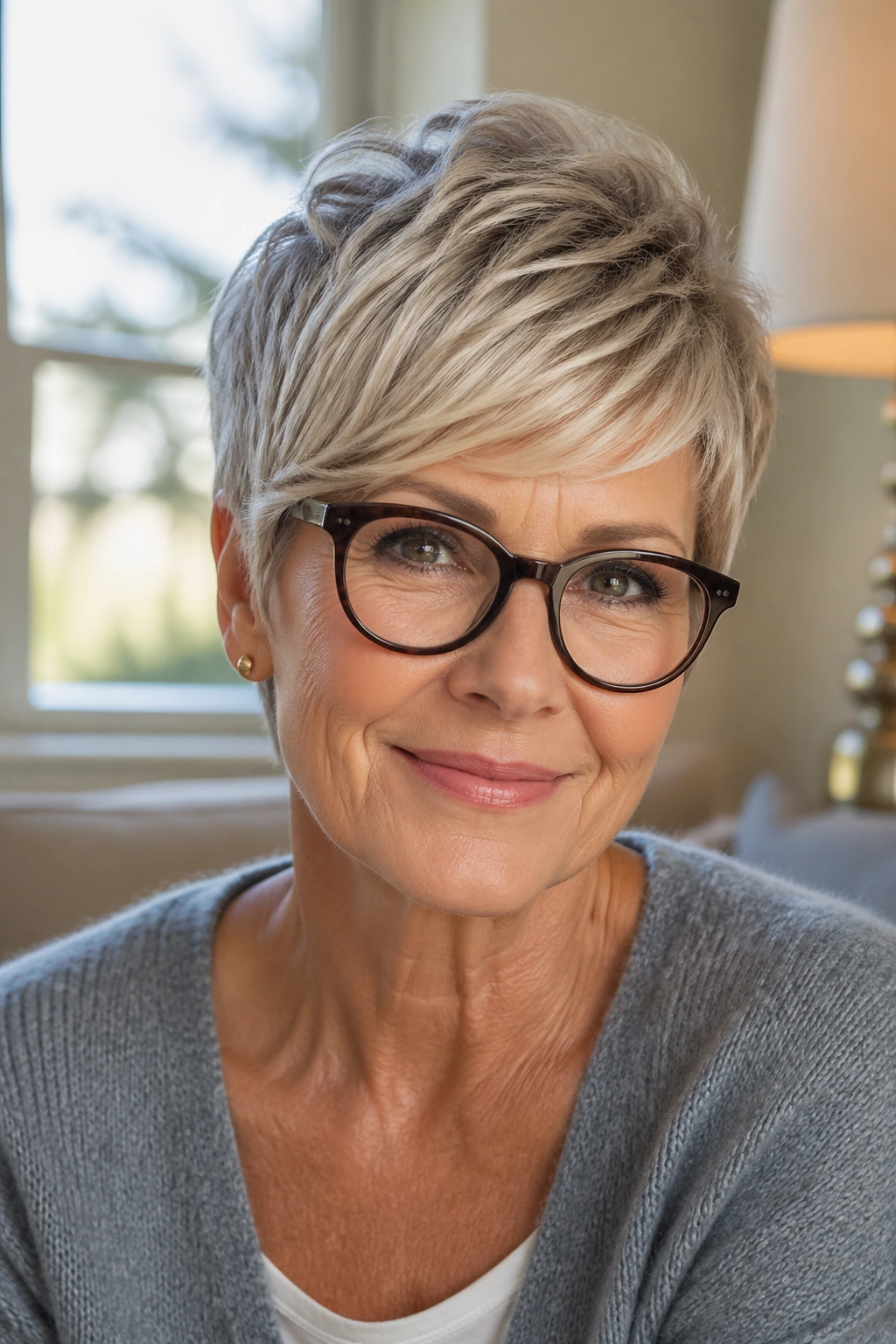 Close-up portrait of a real woman with a feathered pixie and side-swept fringe