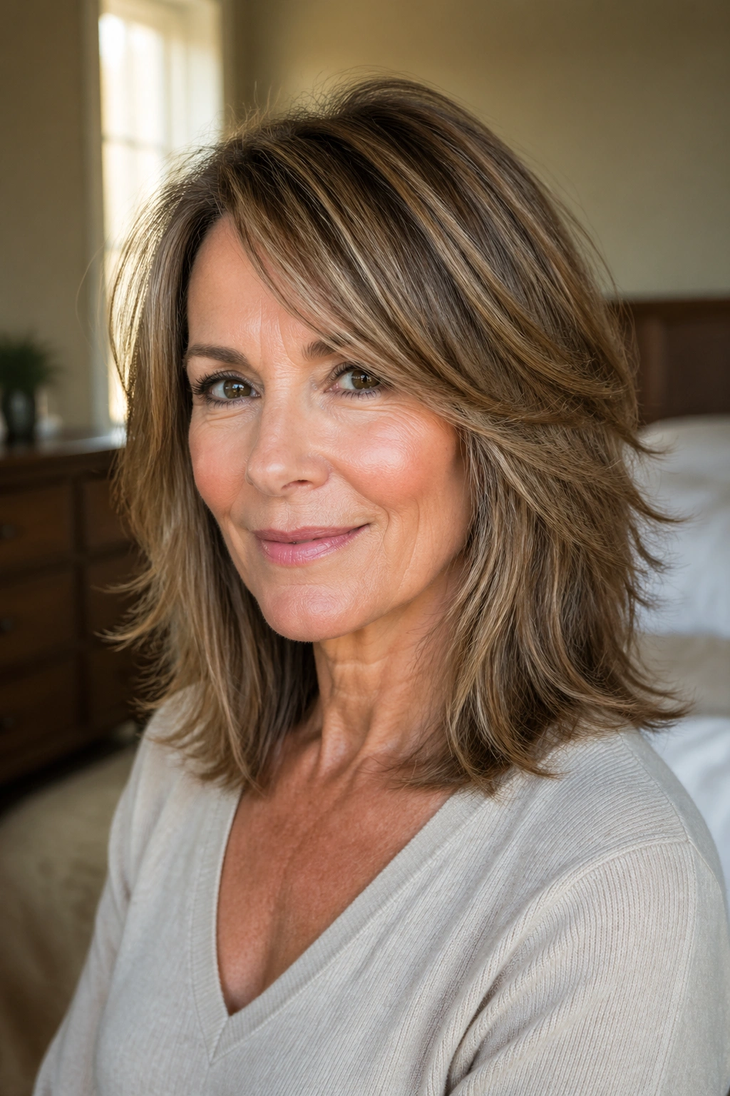 Close-up of a real woman with feathered razor-cut shoulder-length hair in warm window-light setting.