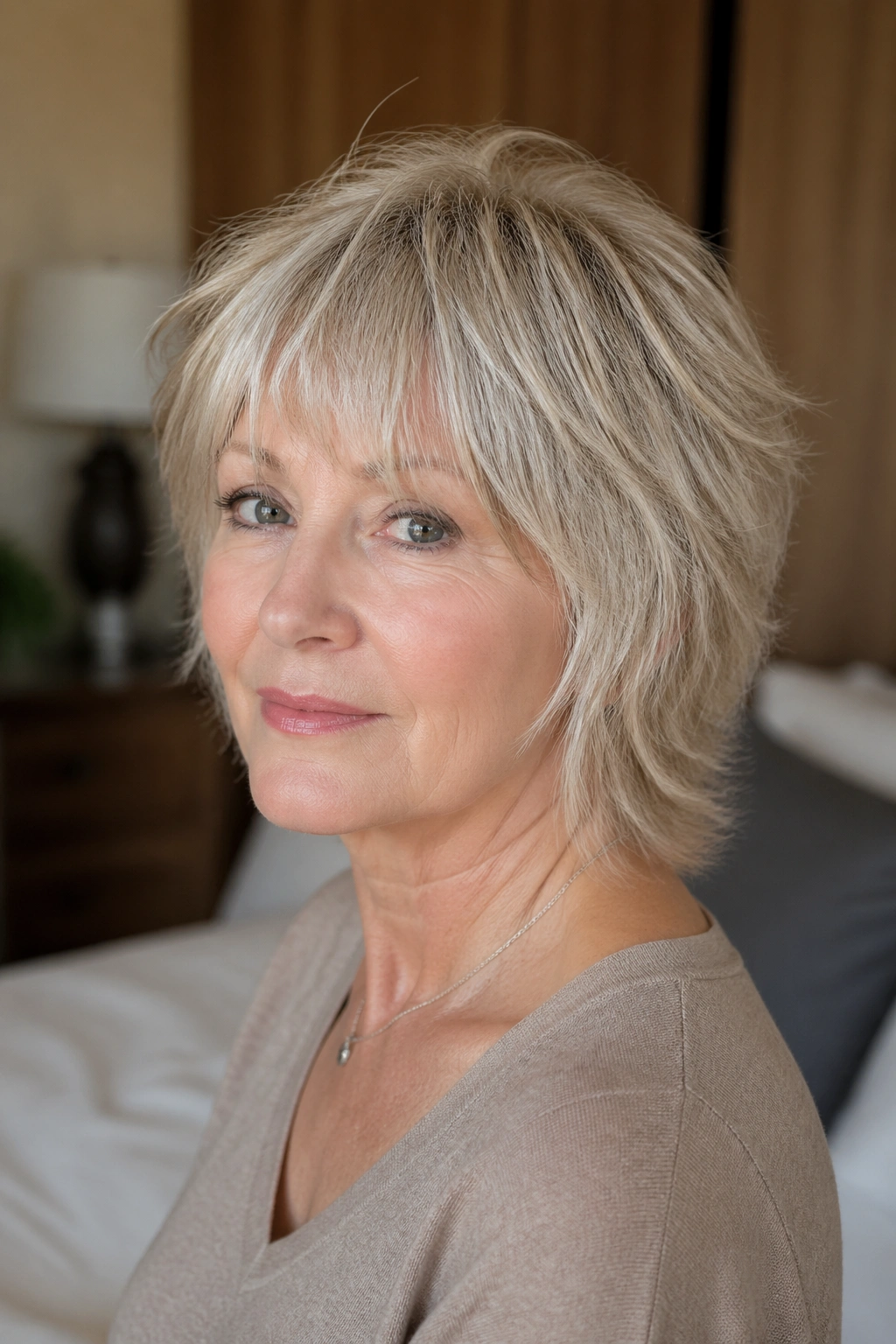 Close-up portrait of a real woman with fine hair styled in a feathered razor shag.