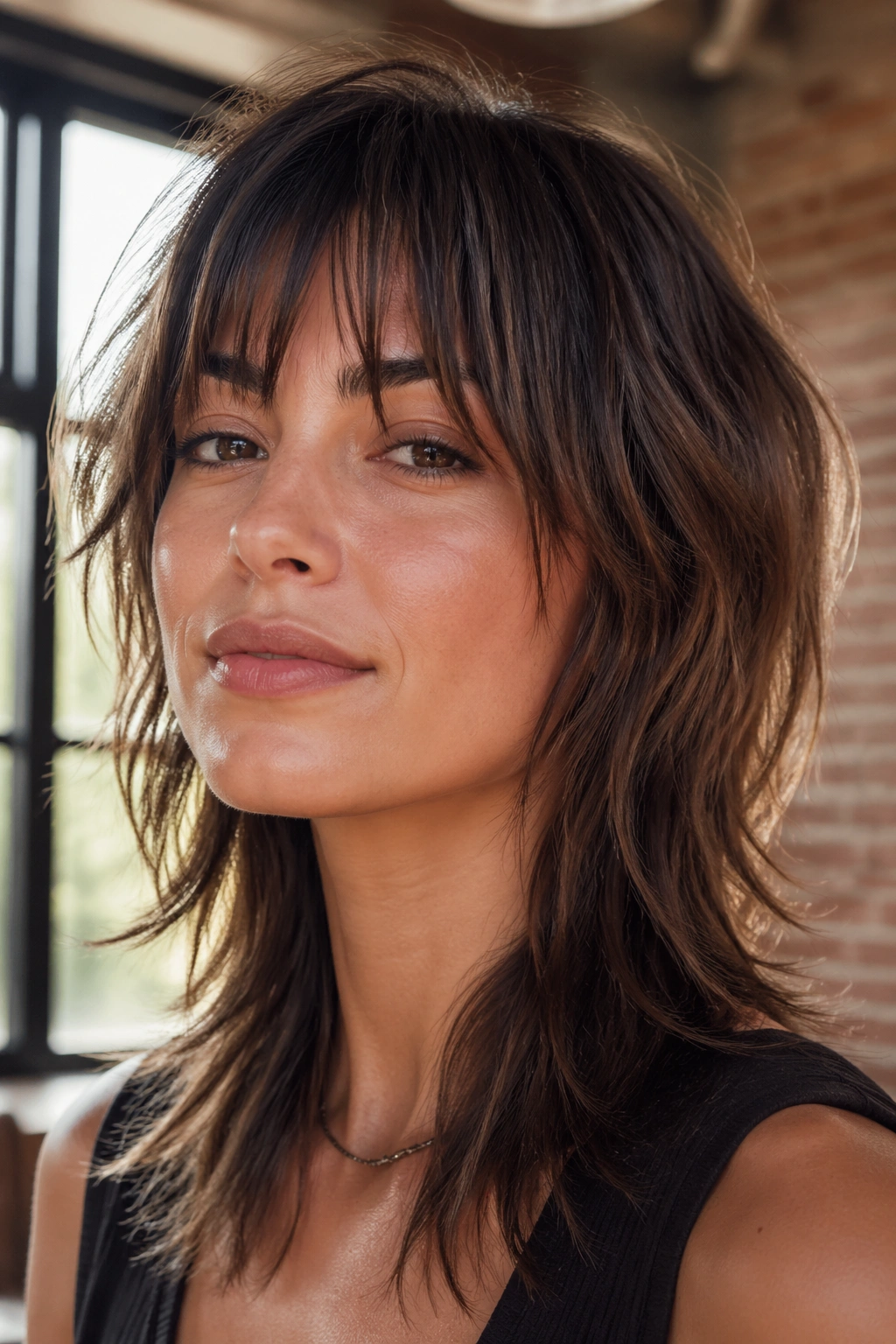 Close-up portrait of a real woman with feathered shag and airy bangs in a sunlit loft