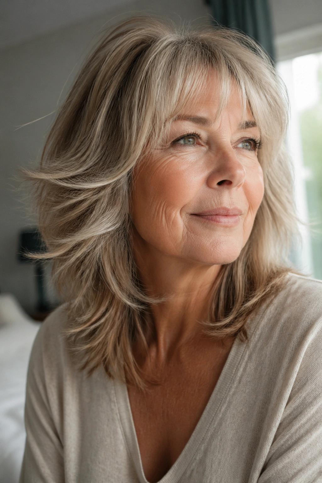 Close-up of a real woman with feathered shag hairstyle in sunlit room