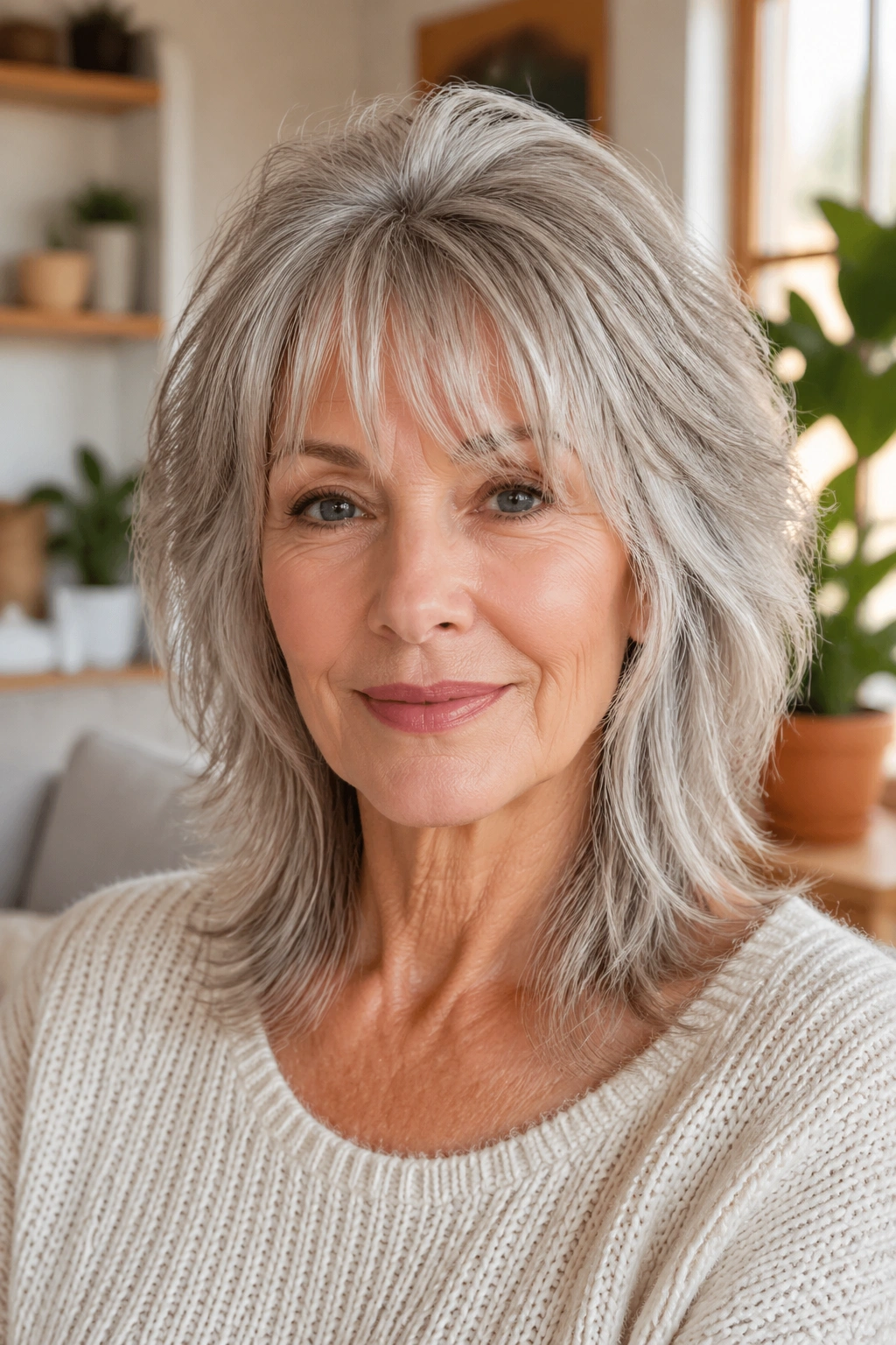 Close-up of an older woman with a feathered shag and wispy fringe