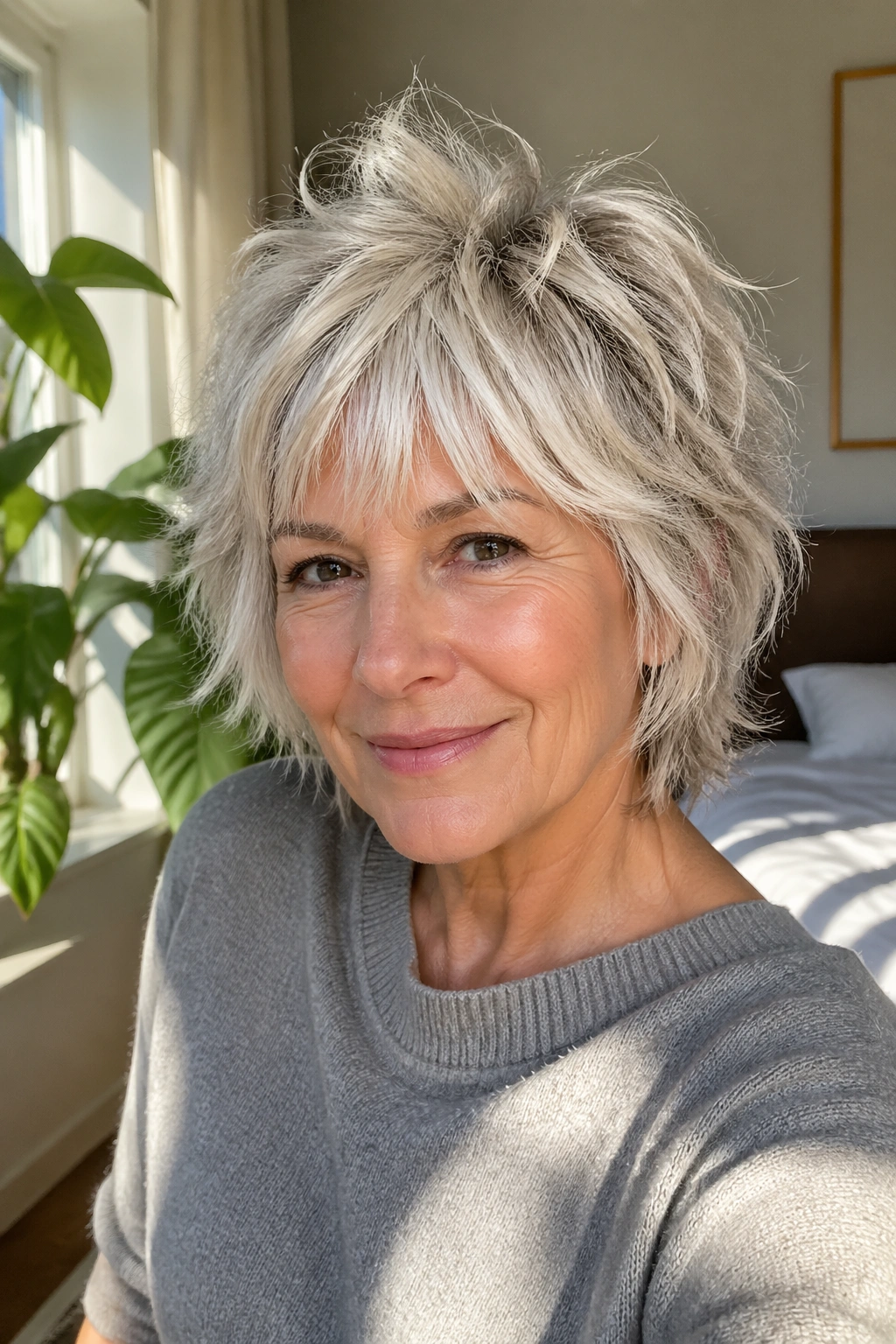 Close-up portrait of a real woman with feathered short shag hairstyle
