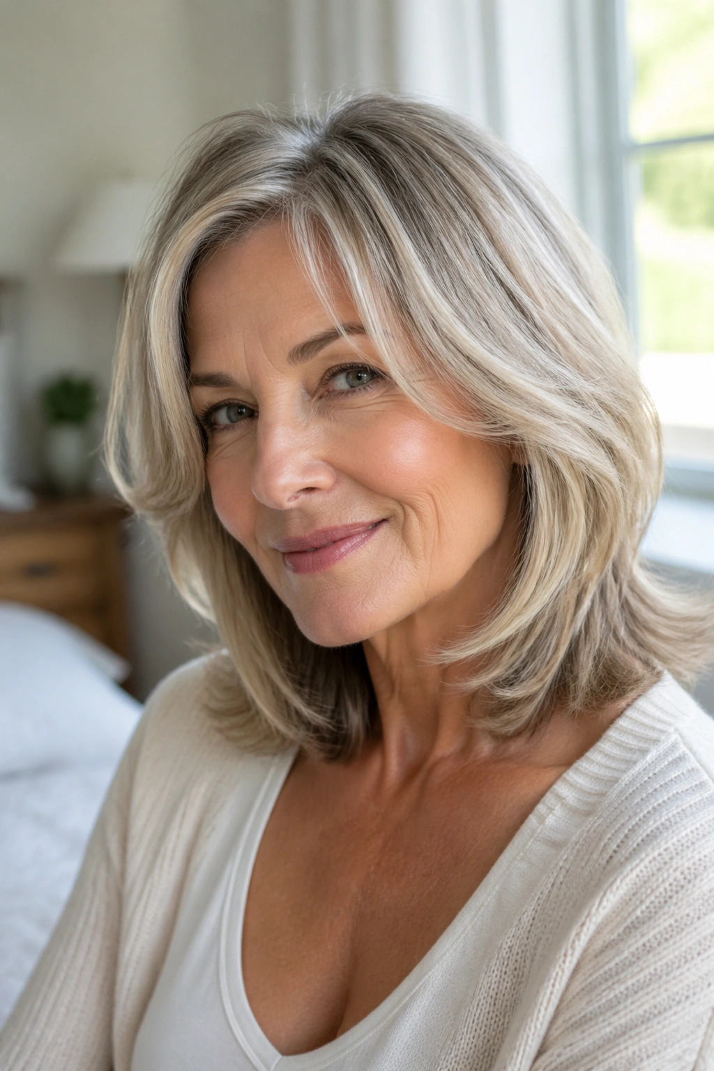 Close-up portrait of a real woman with a feathered shoulder-length cut softening around the cheeks
