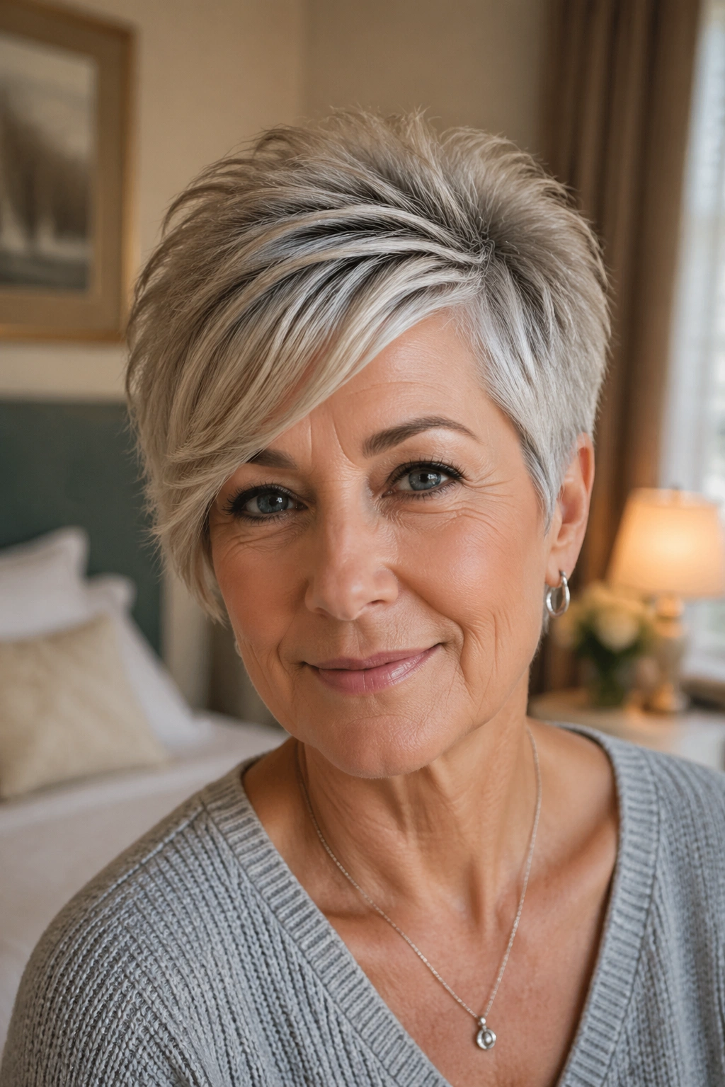 Close-up of a real woman with a feathered side-swept crop.