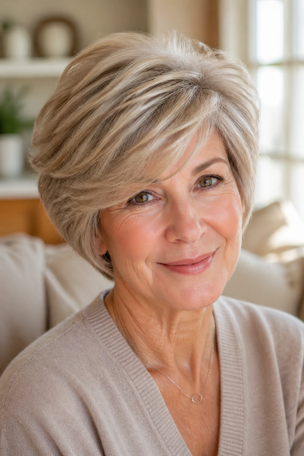 Portrait of a woman with a soft feathered wedge and side-swept fringe.