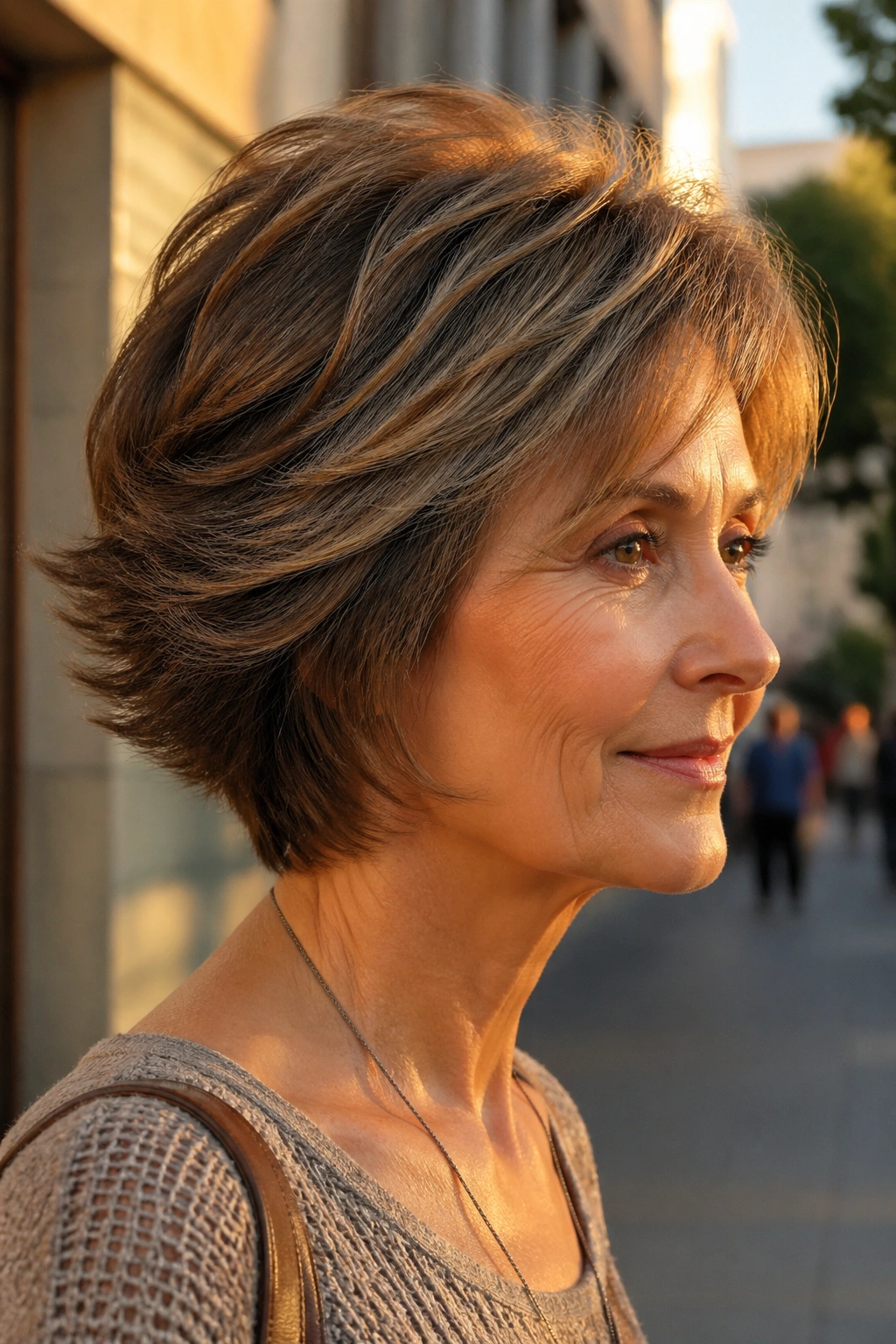 Close-up of real woman with thick hair feathered wedge showing movement