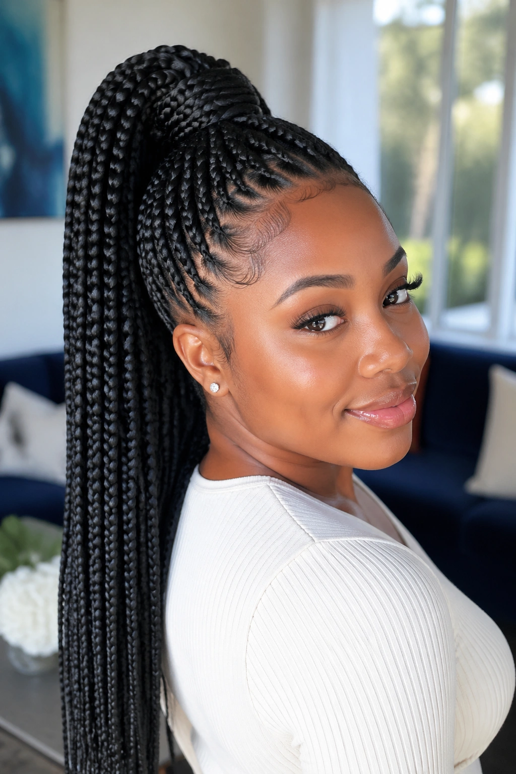 Real woman with high ponytail created by feed-in braids