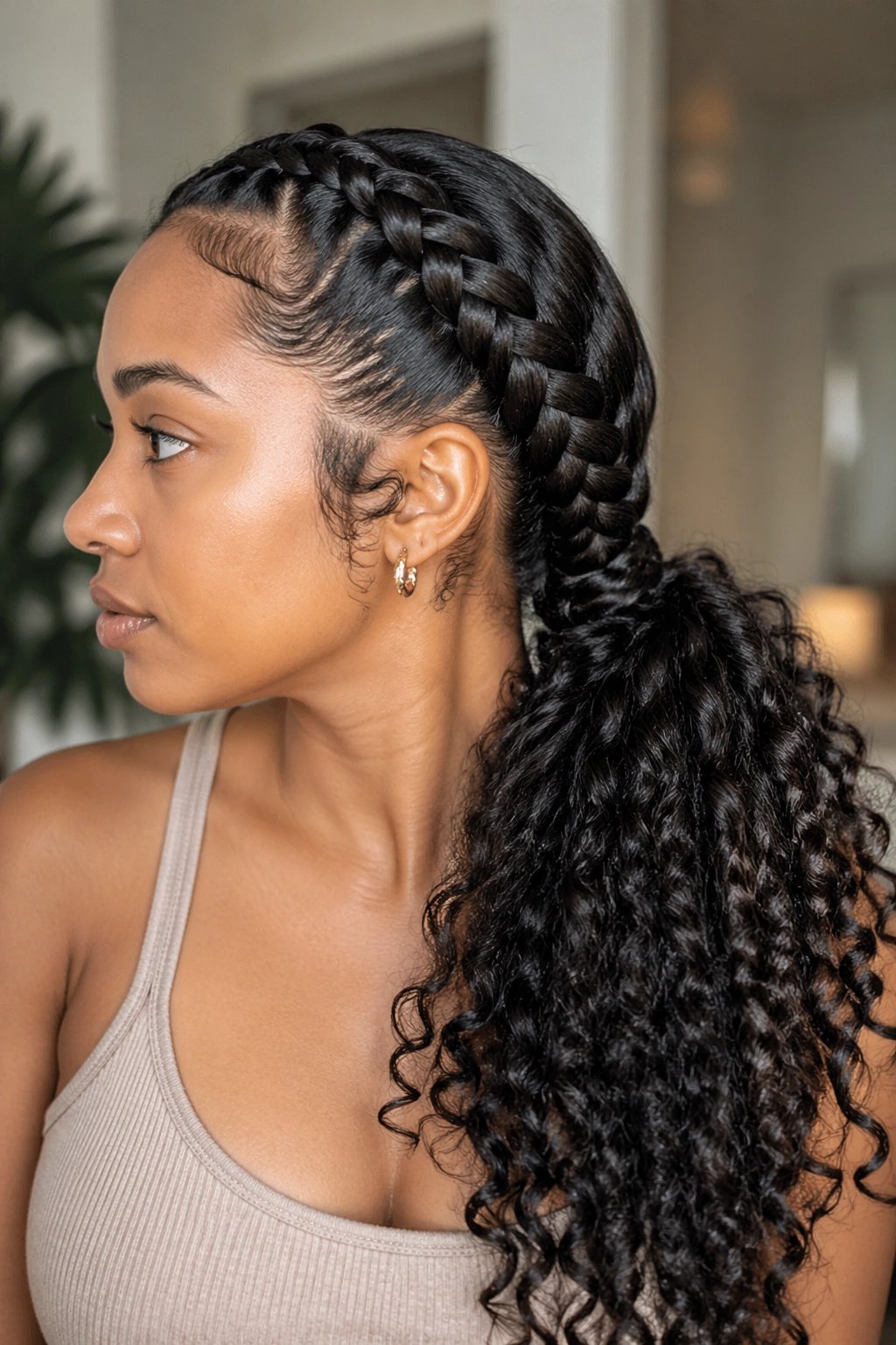 Real woman with feed-in lace braid into a ponytail