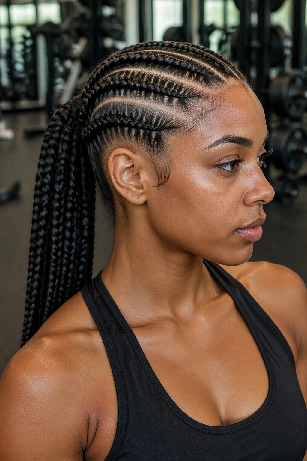 Close-up of feed-in braid ponytail on a real woman during exercise