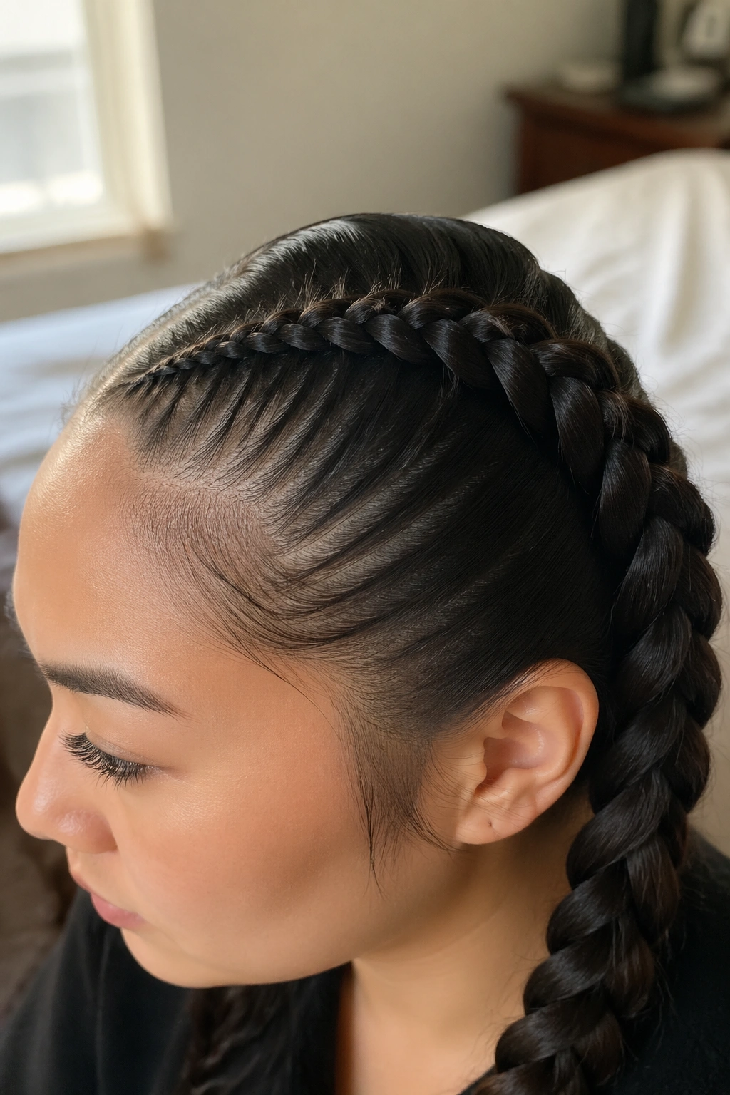 Close-up of a real person showing a Feed-In Braid starting tiny at the root