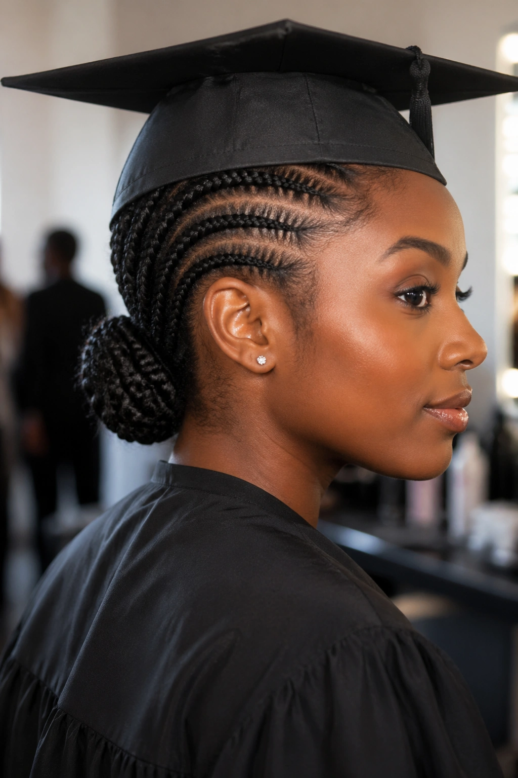 Close-up of feed-in braids forming a braided bun at the nape under a graduation cap