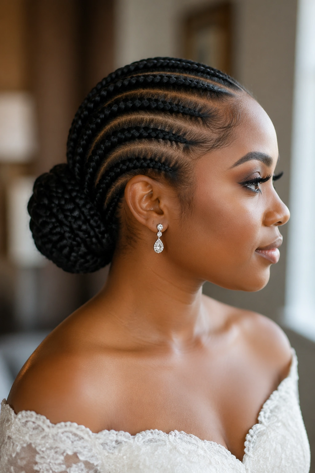 Close-up Bride with feed-in braids coiled into a formal bun