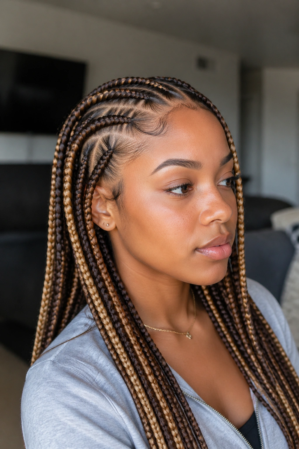 Real woman with chestnut brown and honey blonde feed-in braids in natural daylight.