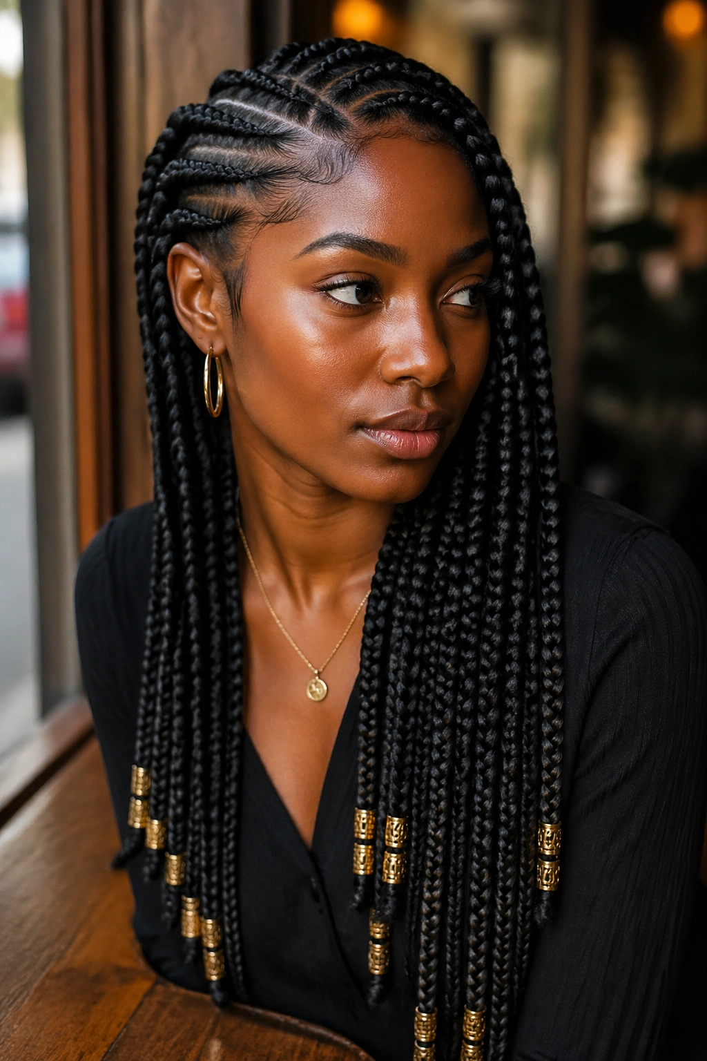 Close-up of side-part feed-in braids with gold cuffs on Type 4 hair