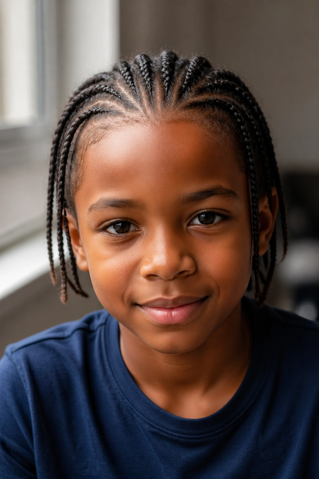 Boy with feed-in box braids starting light at the hairline