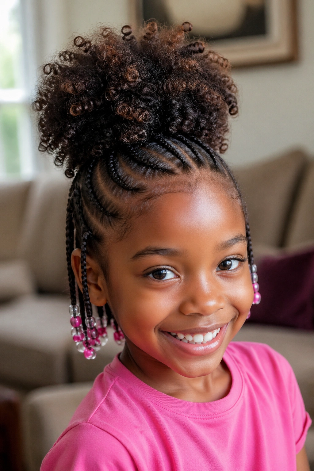 Close-up of a child with feed-in braids forming a high puff