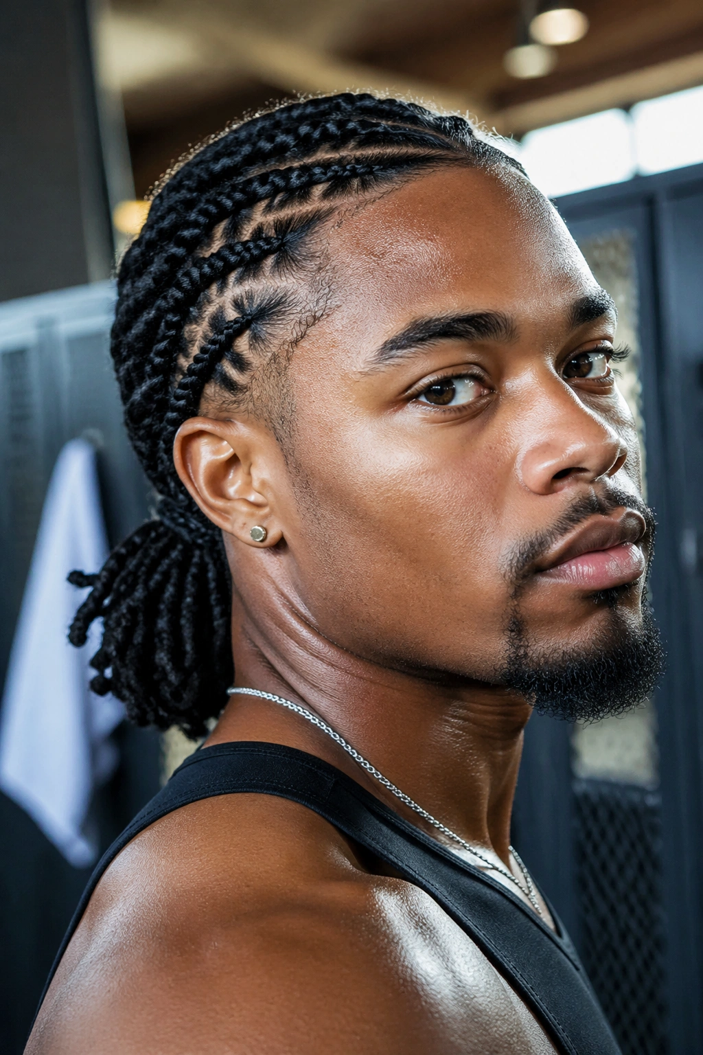 Close-up of a Black man with feed-in braids forming a low ponytail at the nape.
