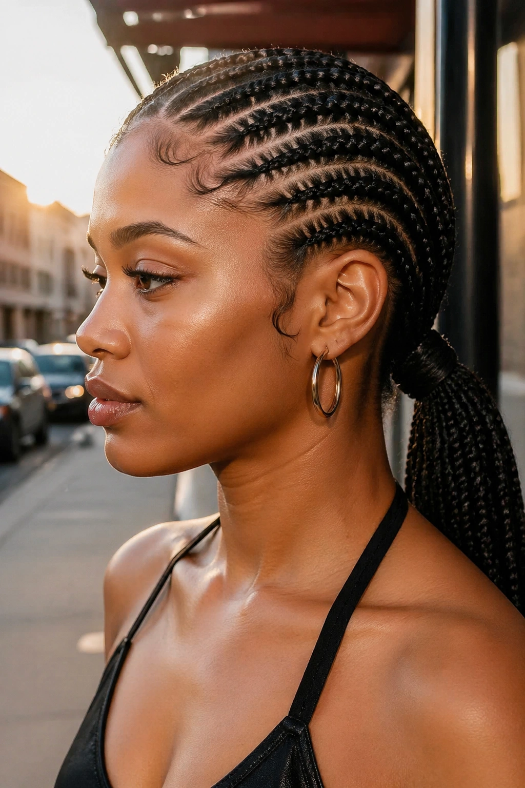 Close-up of a real woman with feed-in braids forming a low ponytail at the nape, outdoor urban setting