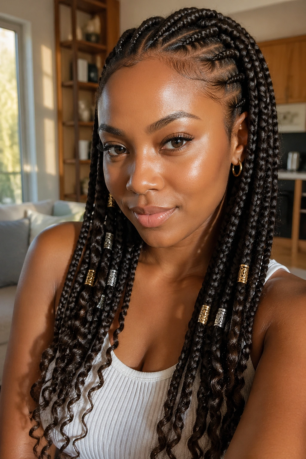 Close-up of feed-in goddess box braids with mixed metal beads on a real person