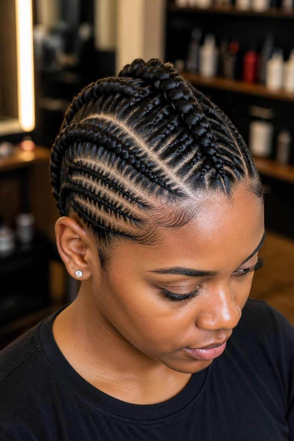 Close-up of feed-in braids forming a smooth center ridge on a real person.