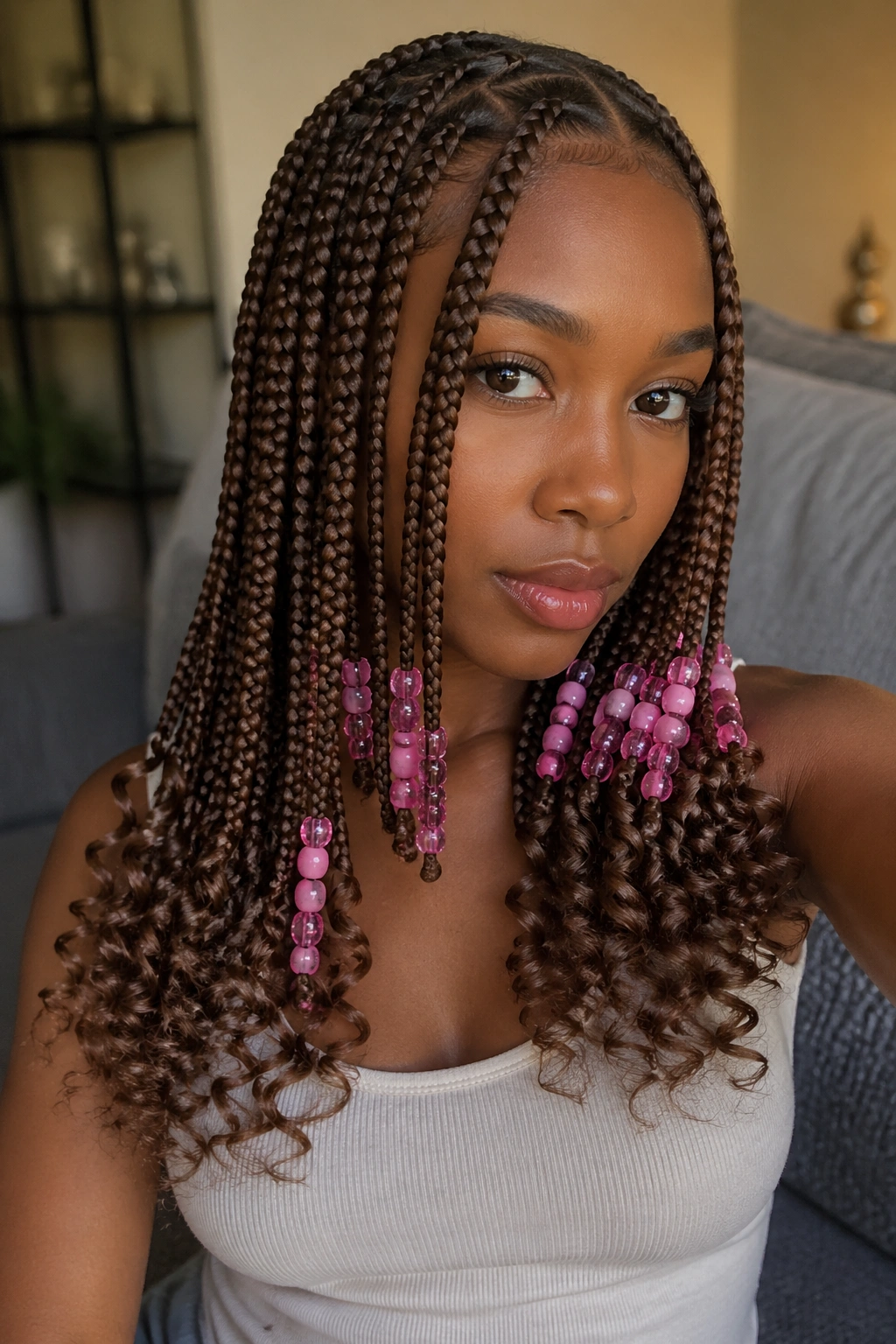 Real person with brown feed-in braids, pink beads, and curly tips