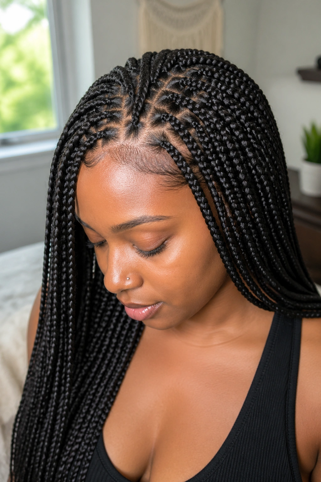 Close-up of a real person with feed-in box braids showing slim base and gradual fullness