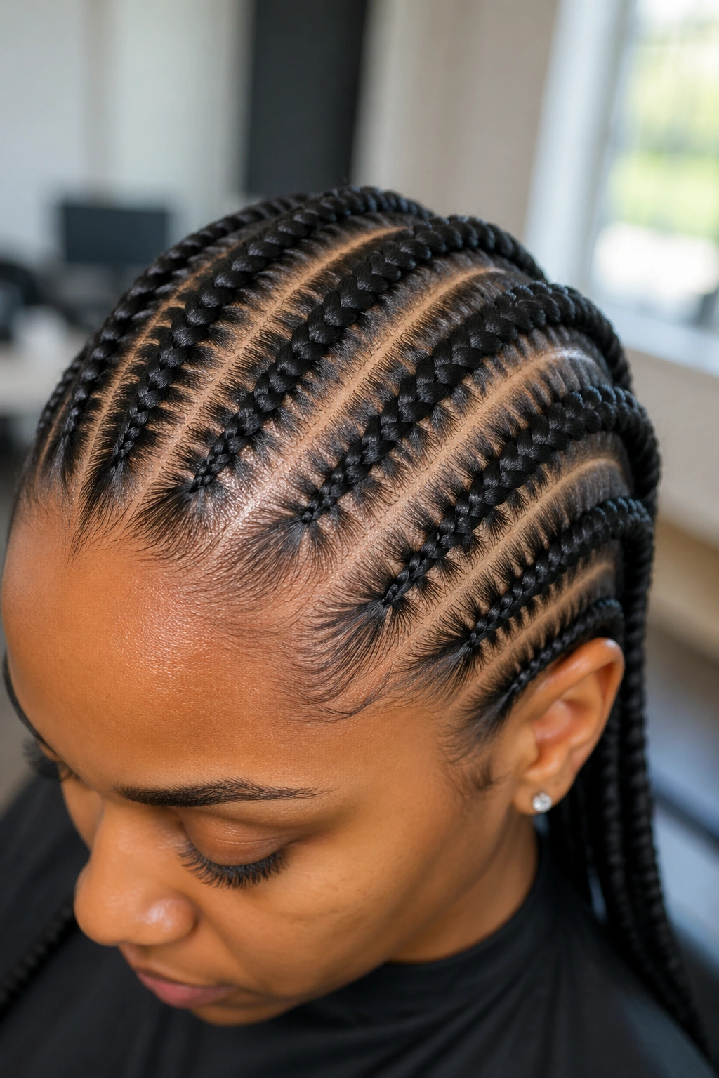 Close-up of Feed-In Braids with seamless root on a real woman
