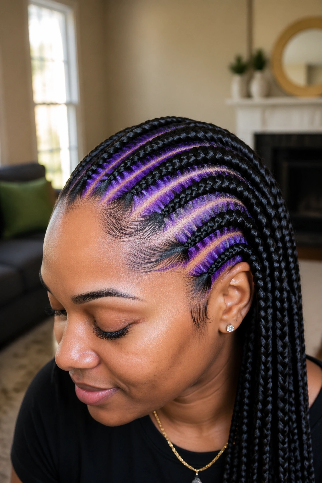 Close-up of a real woman with feed-in braids showing violet scalp detail along parting