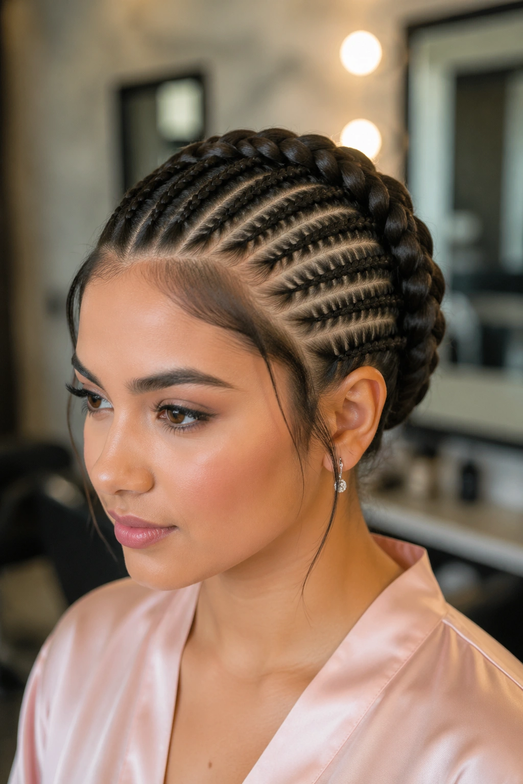 Close-up of Feed-In Cornrow Crown on real woman