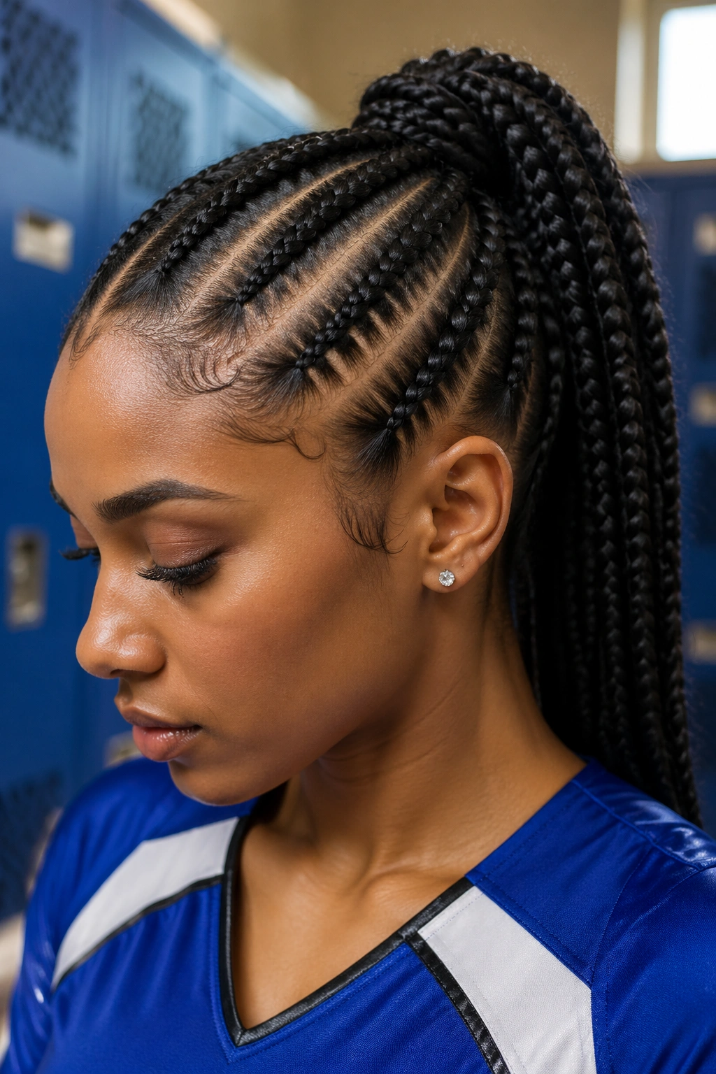 Close-up of a real woman's head with feed-in cornrows feeding into a high ponytail in a gym setting