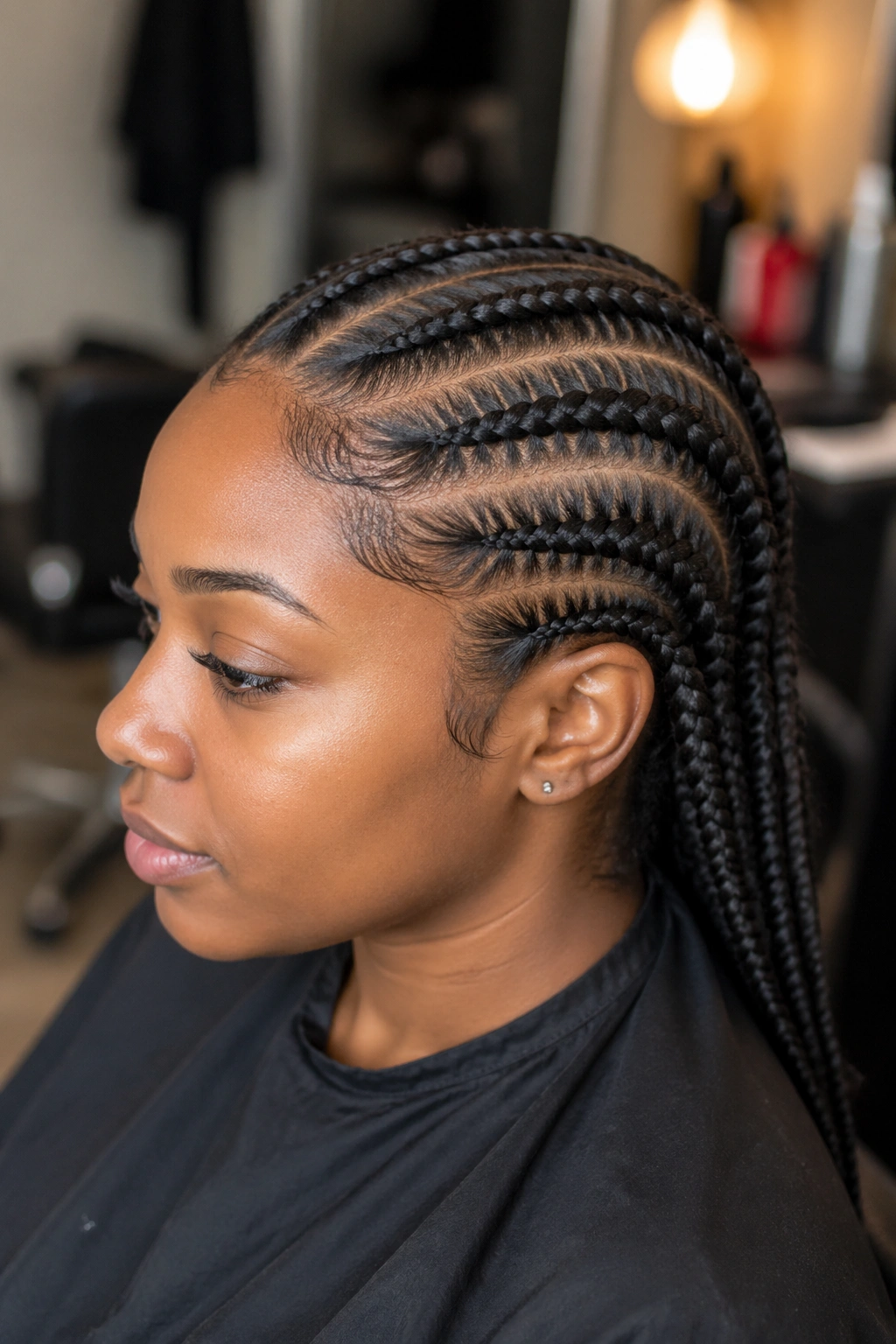 Real person with feed-in cornrows showing flat, precise scalp lines.