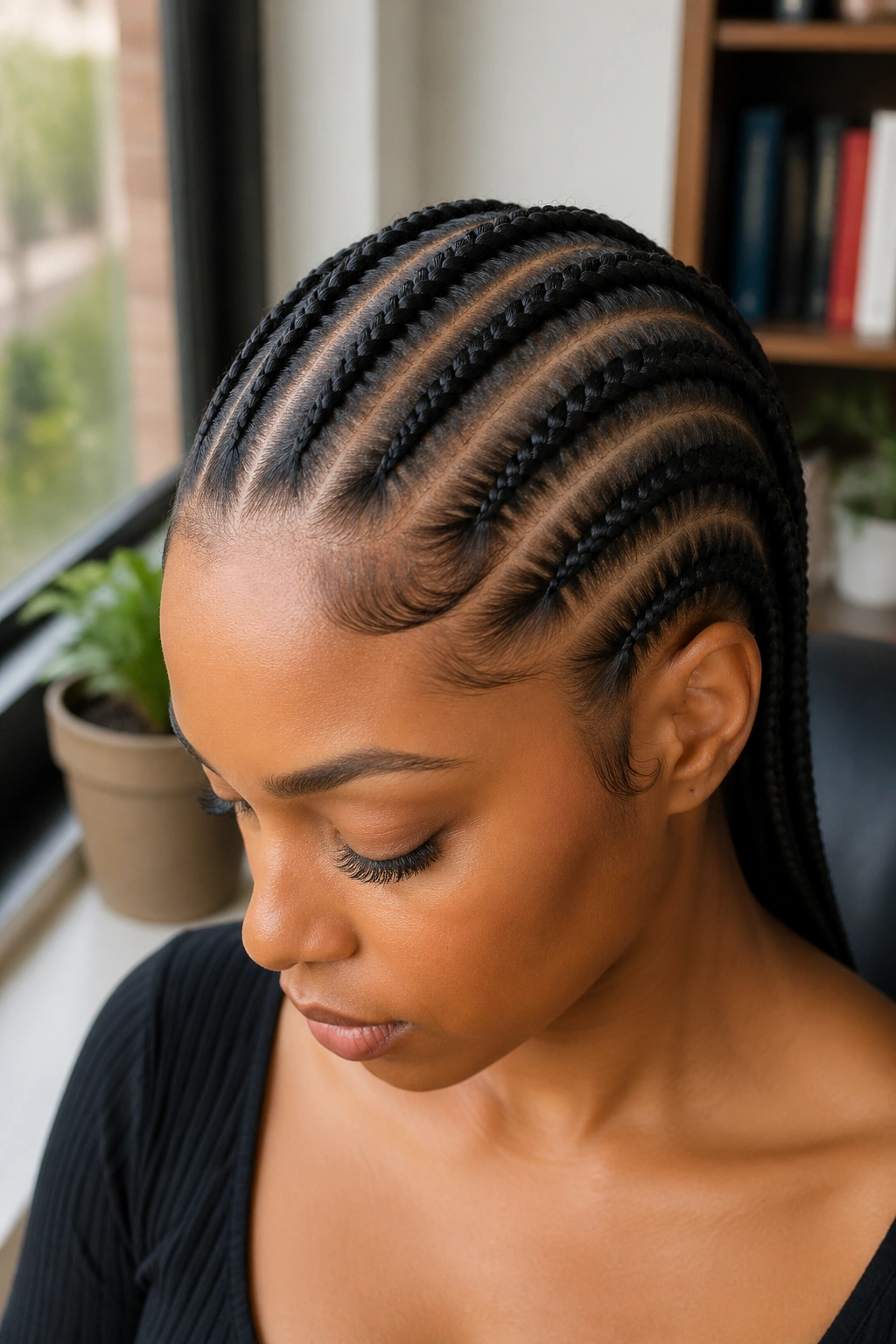 Close-up of a real woman with feed-in cornrows by a sunlit window