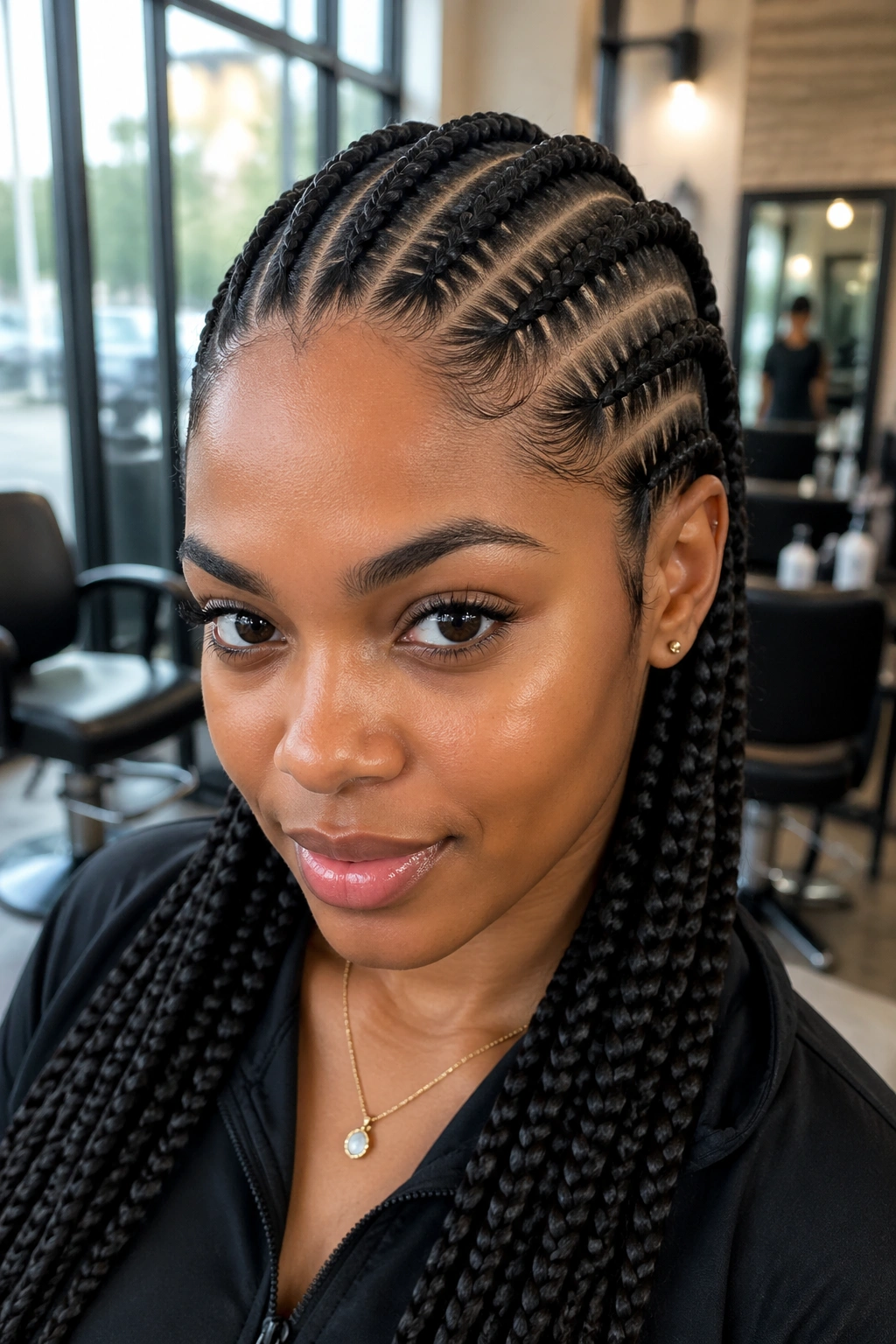Close-up feed-in cornrows on a real woman in a modern salon