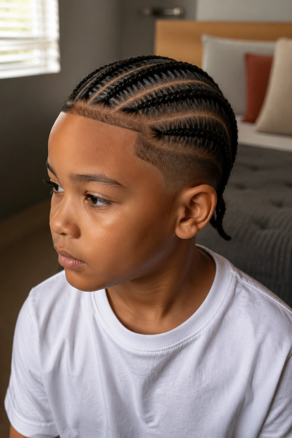 Close-up portrait of a real boy with feed-in cornrows along the scalp