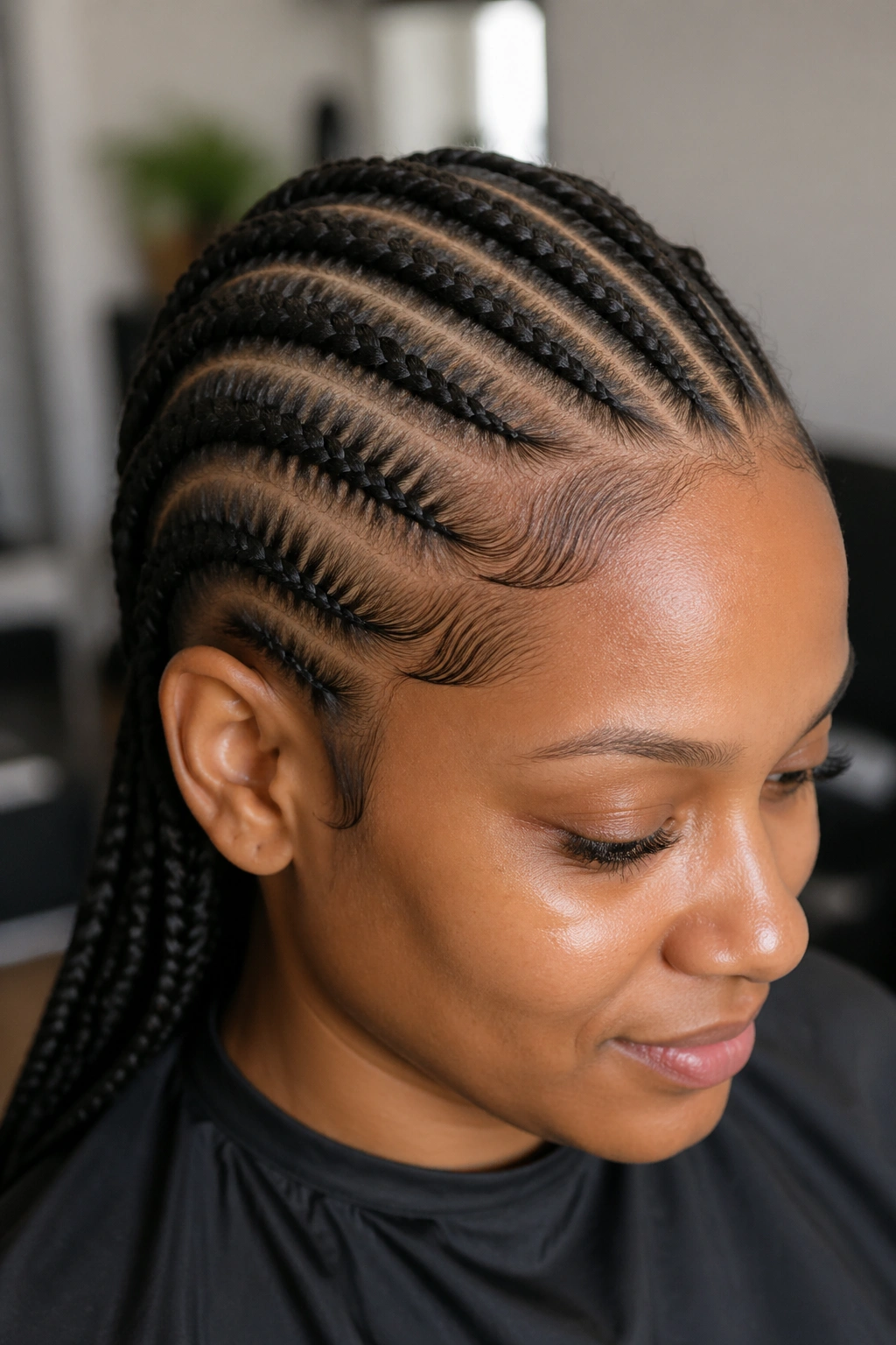 Close-up of a real person with a slim front hairline cornrow