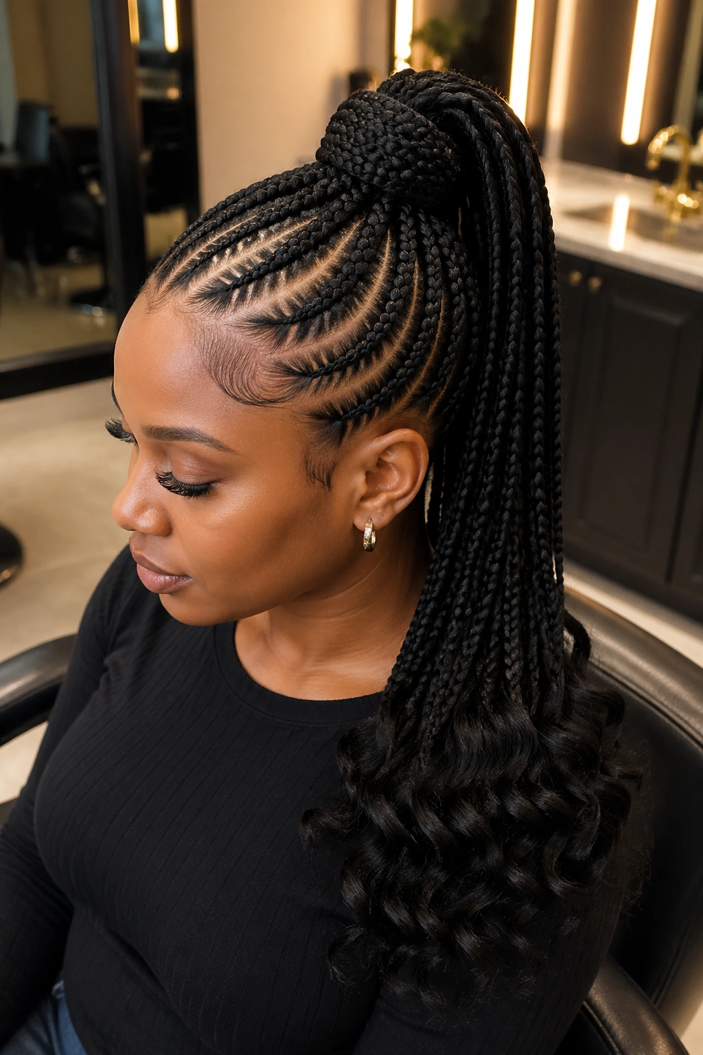 Close-up of a real woman with feed-in cornrows forming a high ponytail.