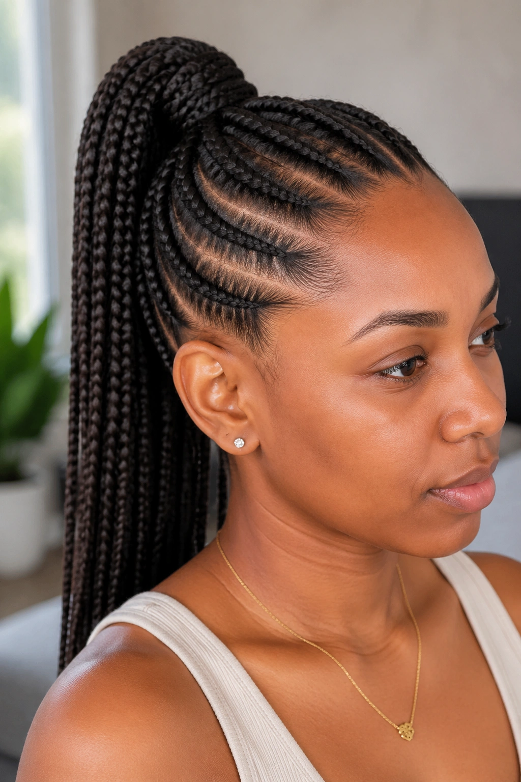 Close-up of a real woman with feed-in cornrows into a high ponytail