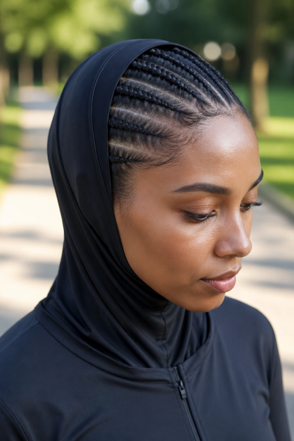 Close-up portrait of a real woman with feed-in cornrows under a hijab