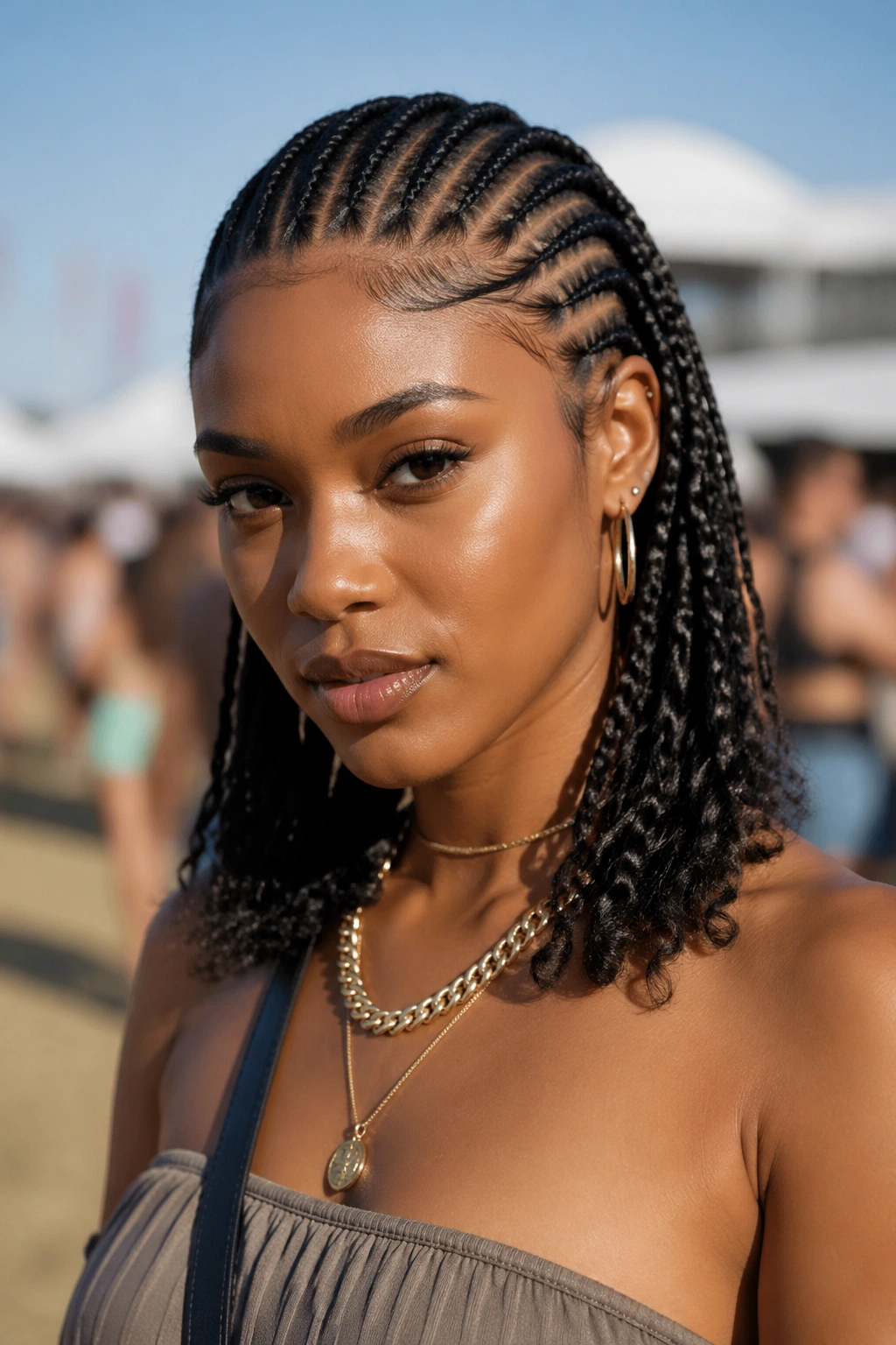 Close-up of feed-in cornrows with loose ends on a real person outdoors