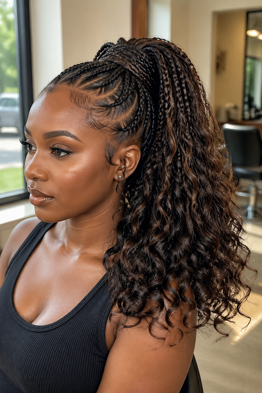 Close-up of a real woman's feed-in cornrow base and flared ponytail in natural salon light