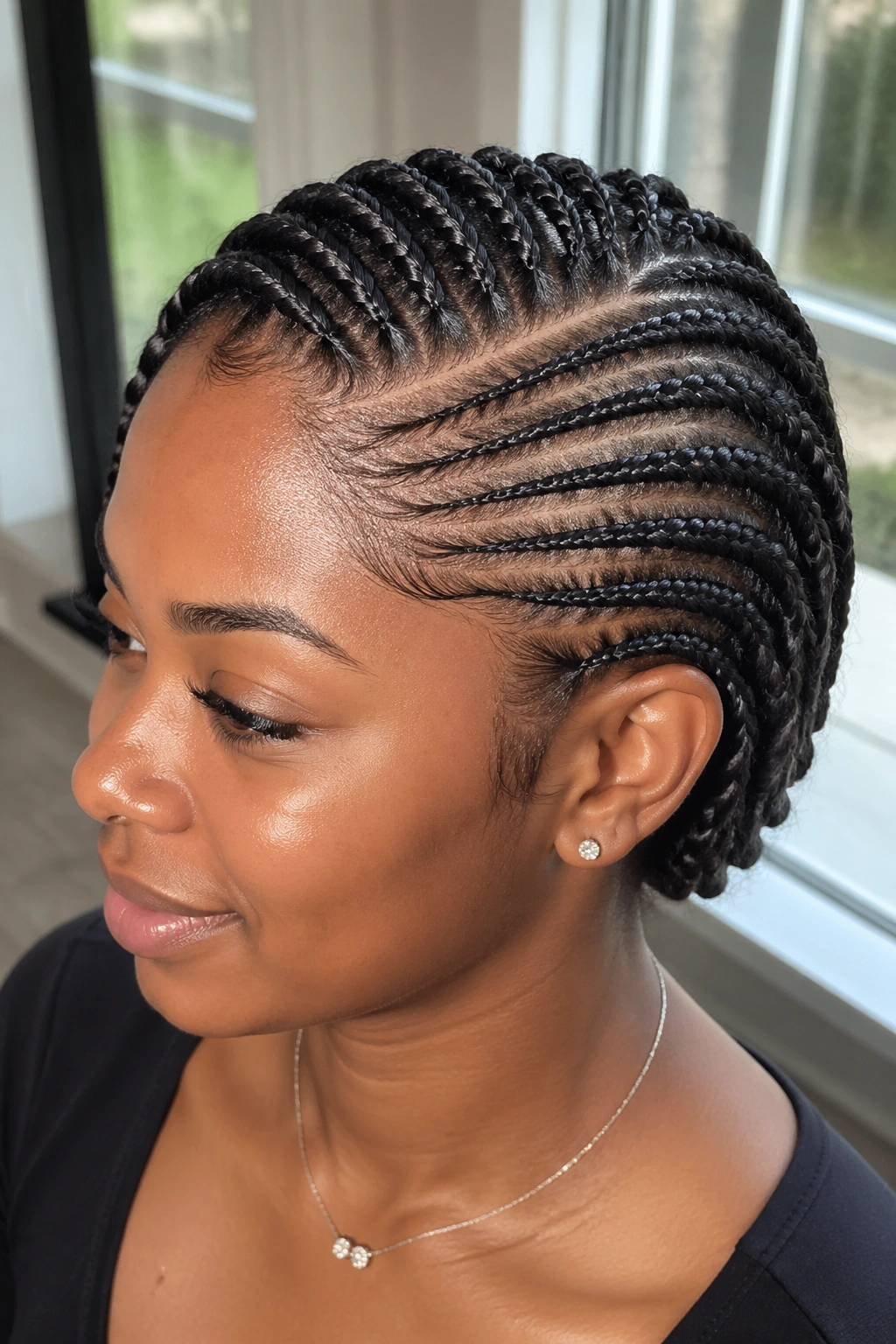 Medium close-up of feed-in cornrows with deep side part on real woman