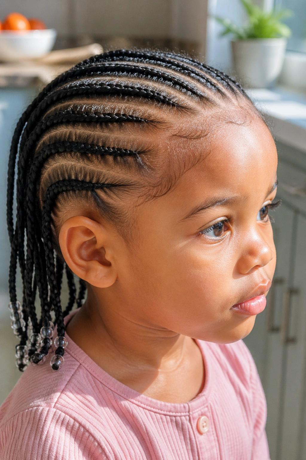 Close-up of toddler head with neat feed-in cornrows along the scalp.
