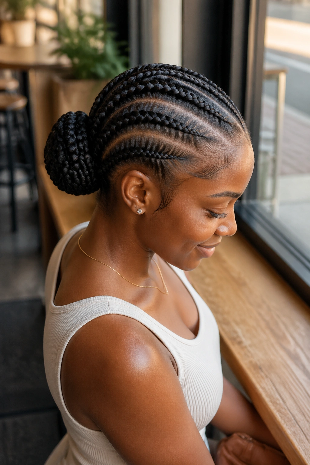 Portrait of a real person with a feed-in crown bun