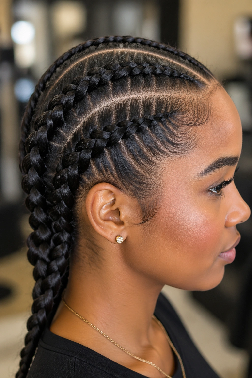 Close-up of feed-in Dutch braids starting at crown on real person.
